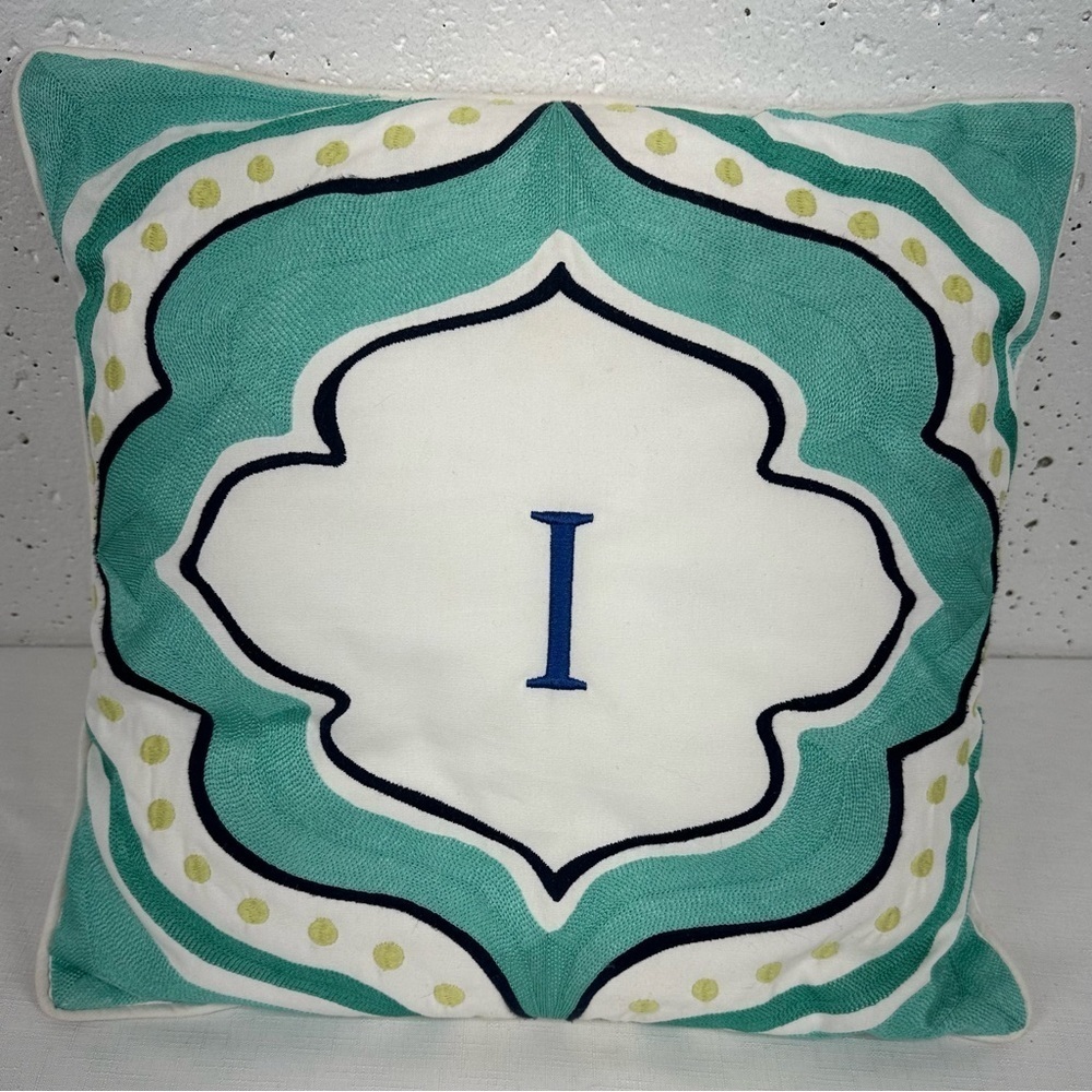 Pottery Barn Teen White Aqua Navy Blue Embroidered Throw Pillow 16x16”